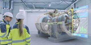 工业4.0:两名工程师站在工厂车间，用增强现实3D模型引擎交谈，分析组件，燃料使用效率。特效特效，图形可视化