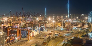 4K延时:码头商埠的集装箱货物仓库和工作吊车桥在夜间装卸集装箱，用于商业物流、进出口、运输