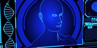 3D人类头部模型在医疗未来HUD显示屏旋转，包括DNA，大脑扫描，指纹和更多的蓝色(摄像机平移)