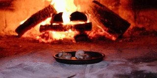 在餐厅厨房里用明火和燃烧的木头在加热的烤箱里煎煮蜗牛蜗牛