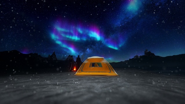 Hikers camping in wild Norwegian mountains with an illuminated tent looking at a magical northern lights aurora borealis