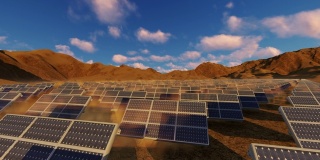 太阳能电池板散布在沙漠中，与山脉和时变云相对