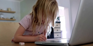 年轻女孩在家进行电子学习