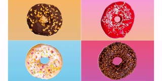 4套甜甜圈甜品，甜甜圈卡通流行艺术风格。Posterized彩色插图半色调模式。复古怀旧的设计。无缝循环。抽象的彩色动画