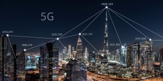 T/L PAN 5G网络概念，从白天到夜晚/阿联酋迪拜
