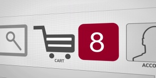 近距离拍摄动画的购物车图标在电脑屏幕上与动画计数数字添加网上商品在购物网页。买主在商店里买了东西。白色版本