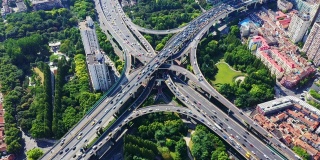 Drone shot: Real Time ,Moving Down, 4K Aerial view of elevated roads and busy traffic in Shanghai, China.