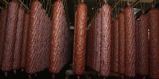 肉类行业中半熏香肠的生产。冰箱里有一排排烟熏、牛肉、猪肉香肠。