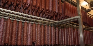 肉类行业中半熏香肠的生产。冰箱里有一排排烟熏、牛肉、猪肉香肠。