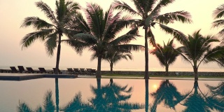 日落时分，海边沙滩上有棕榈树的室外游泳池