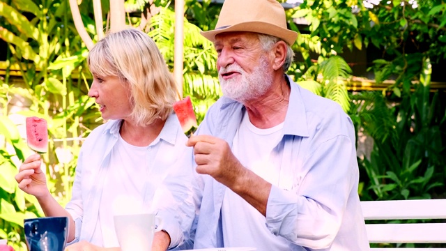 两对老年夫妇在户外聚会上吃西瓜棒。