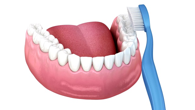 刷牙、清洁过程。口腔卫生的三维精确医学动画