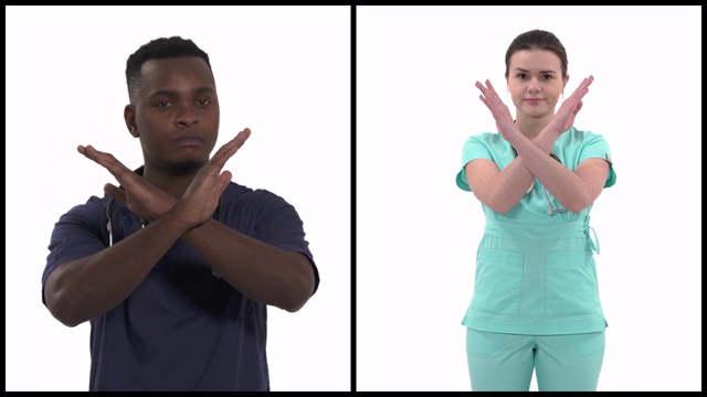 垂直拼贴的多种族医生表示反对的手势交叉的手。预防医学的概念,