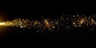 明亮恒星的飞行和金色粒子在黑色背景上散射4k