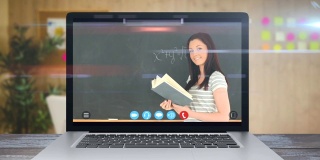 一个屏幕上的动画显示一个教师在一个视频在线学校课程。冠状病毒传播