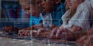 儿童使用数字平板电脑的动画超过背景中显示的统计数字