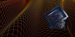 蓝色立方结构旋转在一个彩色的波浪网格- 3D渲染视频剪辑