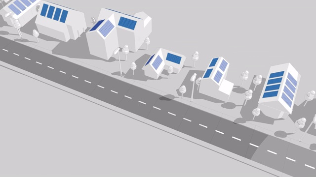 太阳能电池板房屋和街道3d循环动画