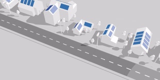 太阳能电池板房屋和街道3d循环动画