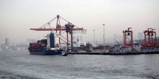 一艘装满铁集装箱的大型货船用起重机停靠在港口