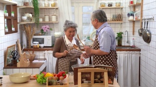 资深亚洲情侣在厨房里一起快乐做饭，退休后幸福生活。视频素材模板下载