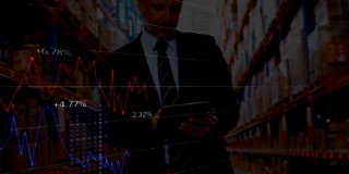 以数字平板电脑为背景的商人股票行情动画显示。