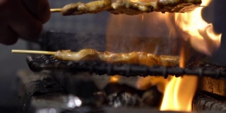 小吃摊上的烤鸡肉串的慢镜头。串东京