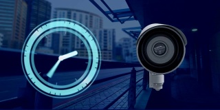 动画时钟快速移动和摄像机检查火车站台和城市景观在后面