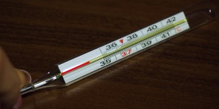 在全球病毒大流行期间，女性手上的玻璃温度计用动画显示温度上升至37摄氏度