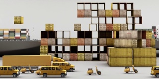 全球范围内的货物集装箱运输概念在黄色色调的卡车和货车3d渲染