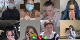 多屏幕的生病白种人同事咳嗽和交谈在网上聊天。年轻男女戴着口罩，通过视频会议进行远程工作。Covid-19、冠状病毒、隔离、隔离。