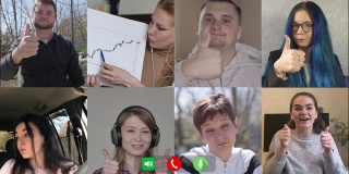 八人在网上视频聊天中欣喜生意成功。多屏幕的快乐快乐的男人和女人显示拇指作为CEO展示上升的图形。Covid-19、隔离检疫。