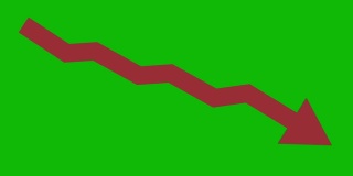 红色向下危机动画图标在绿色屏幕上。经济简单的移动箭头