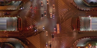 长沙市中心城区夜间灯光照亮交通街道十字路口高空俯视图4k中国