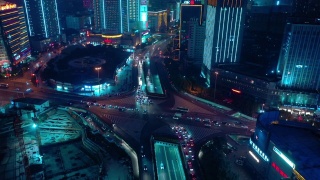 夜间照明长沙市区交通十字路口两侧施工航拍4k中国全景图视频素材模板下载