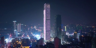 夜间照明长沙市区繁忙交通街道十字路口施工场航拍全景4k中国