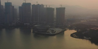 长沙市日落时分梅溪湖畔建设海湾住宅现代码头航拍4k中国全景