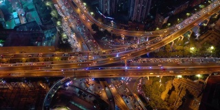 广州市市中心夜间交通繁忙街道道路交叉口高空俯仰全景4k中国