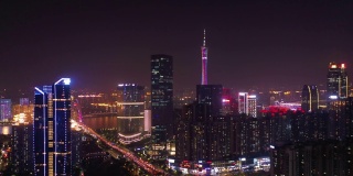 夜间照明广州市市中心港湾区交通公路桥航拍全景图4k中国