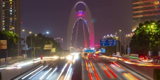 夜光照亮广州市著名的繁忙交通公路桥，全景时间跨度4k中国