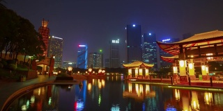 夜间时间照明佛山市著名滨江公园广场全景时间跨度4k中国