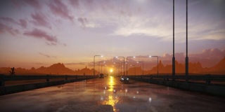 高速公路交通对沙漠山脉和美丽的日落的特写，移动的相机
