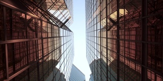 现代化的玻璃写字楼在城市中以阴天反光的玻璃幕墙，低角度观景。建筑结构未来建筑。