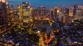 日落天空夜晚照明雅加达市区交通空中全景4k印尼视频素材模板下载