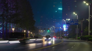 青岛城市夜景时间照明繁忙交通街道道路全景时间延时4k中国视频素材模板下载