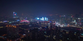 夜间照明南京奥体综合区城市景观航拍全景4k中国