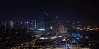 夜光南京国际青年文化中心区人行天桥航拍全景4k中国