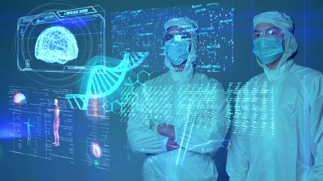 冠状病毒疫苗研究人员戴着口罩和西装进行智能移动病毒分析，医学实验室物联网技术AI移动医疗数字化未来展示。