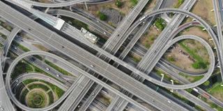 鸟瞰图城市交通枢纽道路与汽车运动