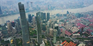 暮光上海城市景观浦东市中心航拍全景4k倾斜转移中国
